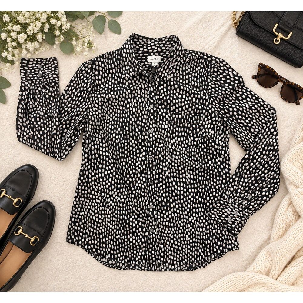 J.Crew Black White Dot Print Button Down Shirt Medium Cotton Stretch